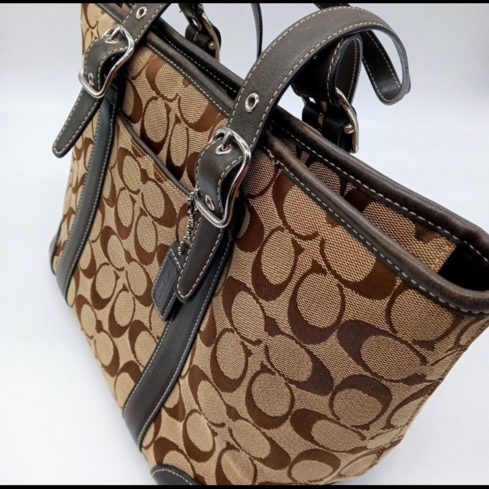 EUC Coach Signature Jacquard Hampton Tote Brown Tan 6042 Canvas Leather Monogram